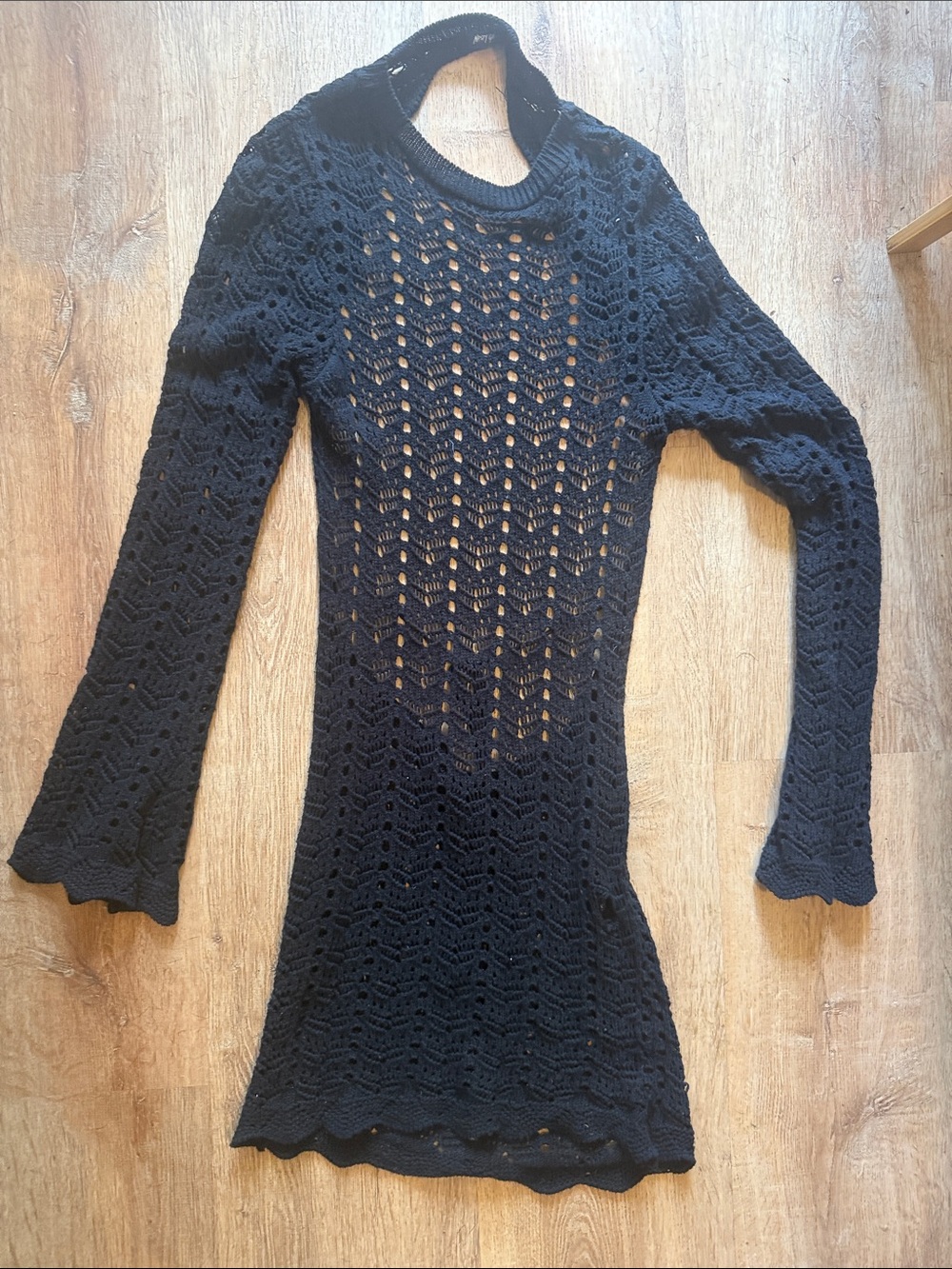 Nasty Gal Black Crochet Knit Long-Sleeve Mini Dress